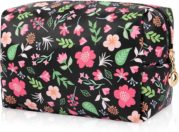 Floral Waterproof Makeup Bag, Leather Cosmetic Bag with Compartments, Zipper Make up Pouch Organizer, Portable Storage Travel Toiletry Bag Gifts for Women Girls(Black Flower)