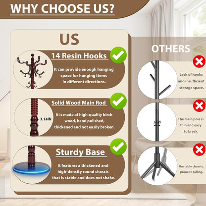Solid Wooden Coat Rack Stand, Coat Racks Freestanding with 14 Hooks, Natural Birch Wood Coat stands with Sturdy Round Base, tree Coat Hanger Standing for Entryway Bedroom Office (Redwood disc)
