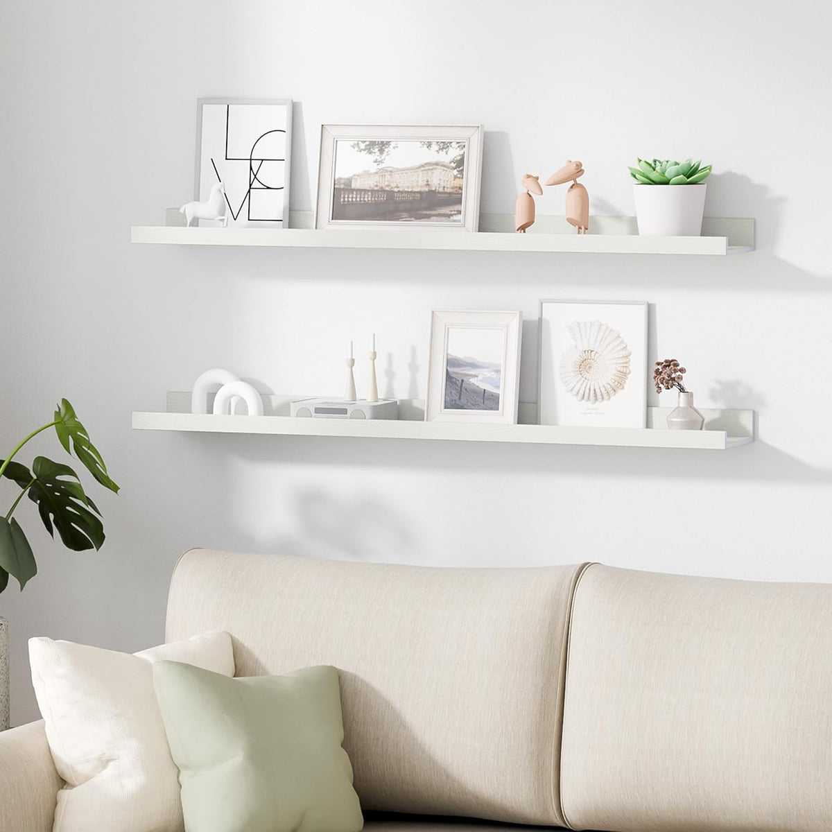 upsimples Floating Shelves for Wall, 35.5 Inch Shelves for Decor Storage Set of 6, Wall Mounted Wood Shelf for Bedroom, Living Room, Bathroom, Kitchen, Long Picture Ledge Shelves, White