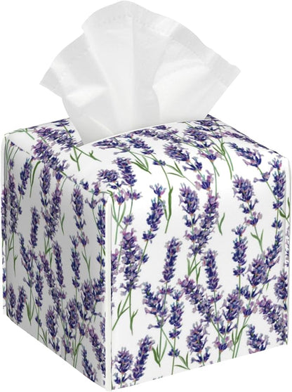 POIUBLE Leather Tissue Box Holder Lavender Flowers Tissue Box Cover Square Waterproof Tissue Holder Organizer Modern Napkin Holder for Bedroom Dresser Night Stand Office Desk