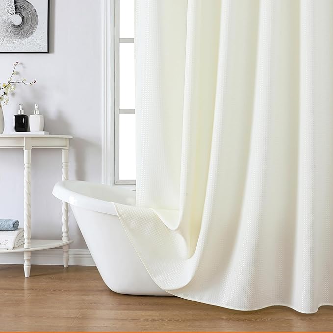 meioro Ivory Shower Curtain, Waffle Weave 256GSM Heavy Duty Textured Fabric Shower Curtains for Bathroom Hotel Spa, Luxury Weighted Polyester Cloth Bath Curtain Set with 12 Hooks, 72Wx78H