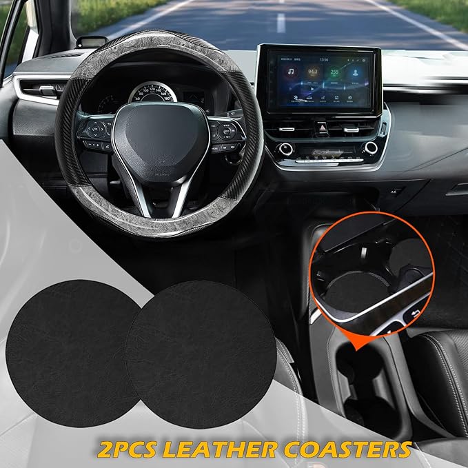 Wood Grain Steering Wheel Cover Carbon Car Steering Wheel Covers 14 1/2-15 inch with Coasters Microfiber Leather Splicing Breathable Anti-Slip Durable Universal Steering Wheel Protective - Gray
