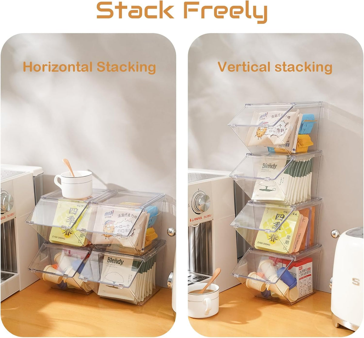 Tea Bag Organizer Coffee Pod Holder K Cup Holder, Stackable Acrylic Desk Organizer Box with Lid, 4 Pack