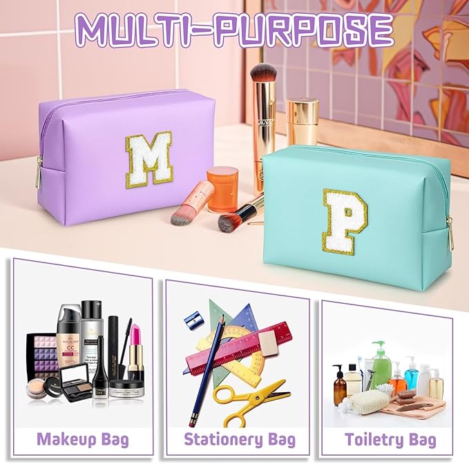 TOPEAST Preppy Small Makeup Bag, Chenille Letter Pouch Cosmetic Bag With Zipper, PU Leather Waterproof Toiletry Bag, Personalized Birthday Gift for Women, Cute Stuff for Girls (Purple D)