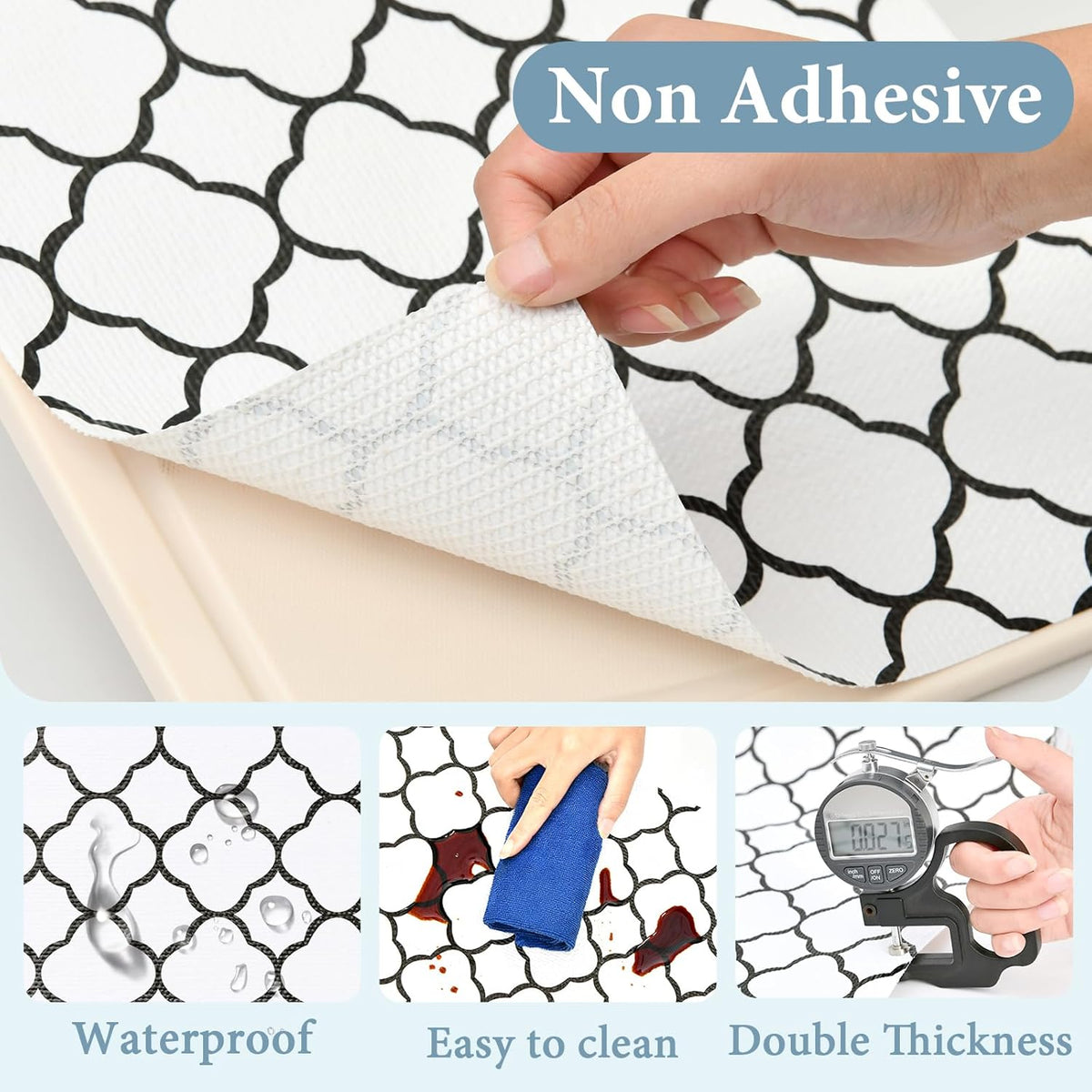 Shelf Drawer Liners for Kitchen Cabinets 17.3 x 236 Inches Non Adhesive Drawer Liner Thickened Refrigerator Liner Black Quatrefoil Strong Non-Slip Paper for Tool Box with Knife and Tape Measure
