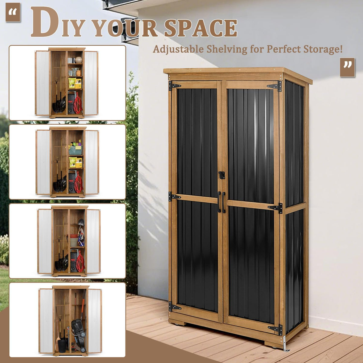 Outdoor Storage Cabinet with Shelves Outside Storage Shed Weather-Resistant with Waterproof Roof, Patio Pool Garden Garage Storage Cabinet Tool Organizer