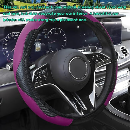 Car Steering Wheel Cover, 15 inch Carbon Fiber Microfiber Leather Elastic Steering Wheel Protector, Breathable Anti-Slip Comfortable Steering Wheel Covers for Most Cars (Black&Purple)