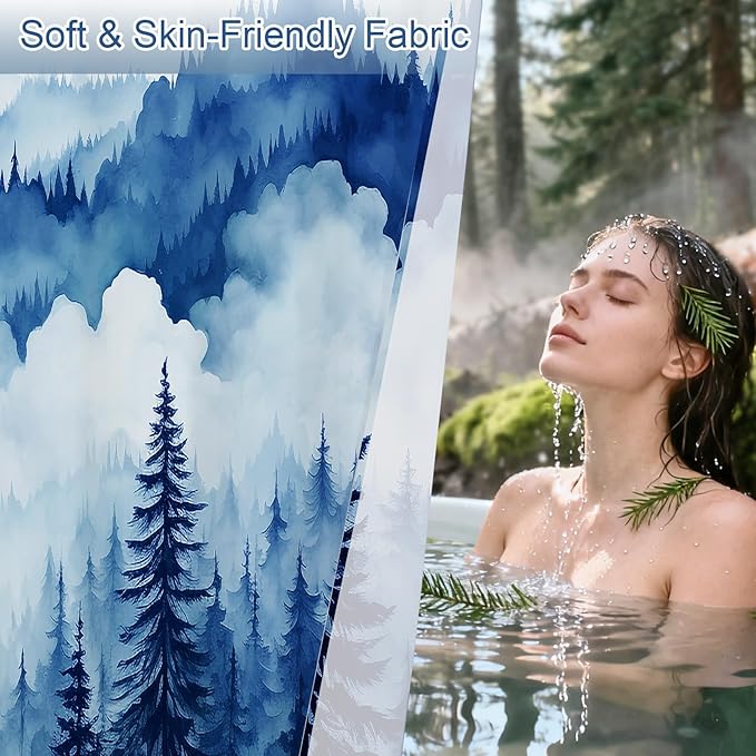 Litabel Navy Blue Extra Long Misty Pine Forest Shower Curtain 72 x 84, XL Mountain Foggy Woodland Scenery Tree Shower Curtains for Bathroom, Abstract Waterproof Nature-Themed Decor