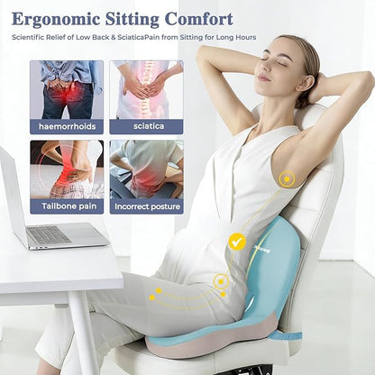 Memory Foam Seat Cushion for Sciatica & Back Pain Relief - Ergonomic Chair Pad with Adjustable Strap & Supportive Comfort Cover, Non-Slip for Car, Truck, Office Chair - Blue