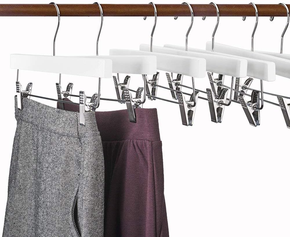 HOUSE DAY Premium Wooden Pants Hangers 25 Pack, Solid Lotus Wood Skirt Hangers with 2-Adjustable Clips, Heavy Duty & Anti Slip Wood Bottom Hanger for Slacks, Jeans, Trousers, Shorts (White)