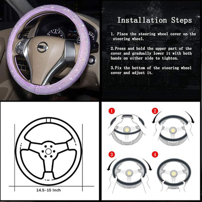 Car Fuzzy Bling Steering Wheel Cover for Women Purple, 15 Inch Universal with Colorful Diamonds Rhinestone Cute Accessories Crystal Anti-Slip Wheel Protectorer