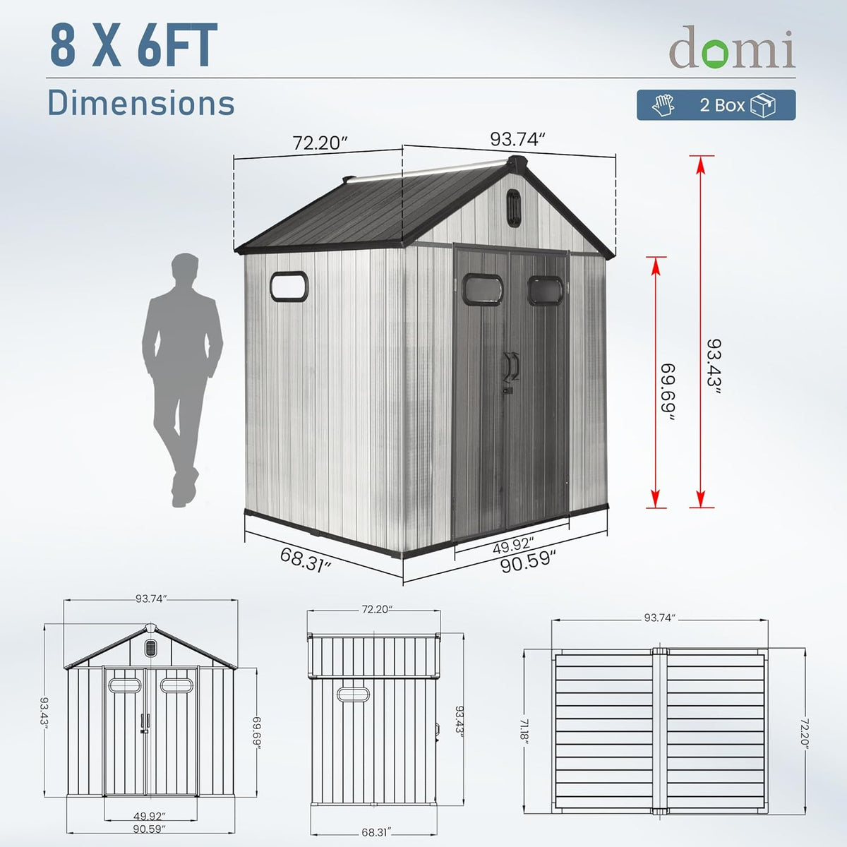 Domi 8x6 FT Outdoor Resin Storage Shed, All-Weather Double-Wall Storage Building for Backyard, Garden, Lawn Tools, Mower, Bike & Pool Equipment, Lockable Doors, Ventilated Roof, Grey