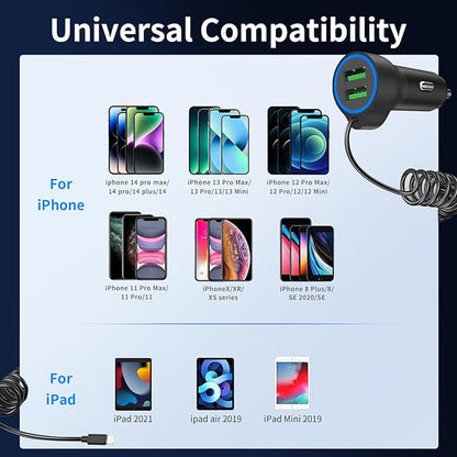 [Apple MFi Certified] USB Car Charger Plug, Aymla Dual Port Coiled Cord Auto Cigarette Lighter Adapter with 5FT Coiled Lightning Cable for iPhone 14 Pro Max/14 Plus/14/13 Pro/13 Mini/12/11/XS/XR/8