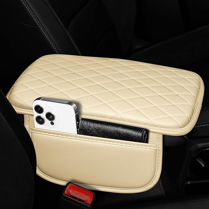 Center Console Cover for TL: Armrest Cover for Car with 2 Storage Bags - Scratch & Wear Resistant & Waterproof Leather Console Cover,Anti-Scratch Auto Armrest Pad Accessory （Beige