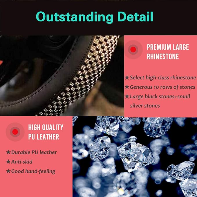 PINCTROT Bling Bling Comfy Steering Wheel Cover with Jumbo Crystal Rhinestones, Anti-Slip Diamond Leather, Universal 15 Inch (Black)