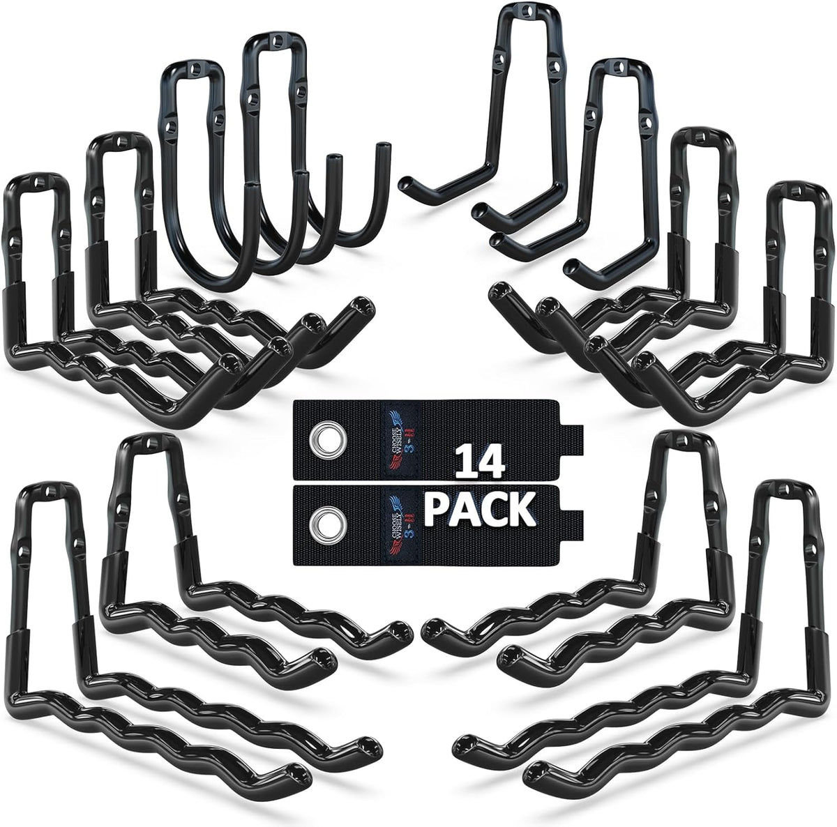 3-H Heavy Duty Garage Hooks 14 Pack, One-Piece Construction Garage Wall Hooks, Garage Hanger & Organizer Wall Mount for Ladders, Bikes, Chairs, WeedEaters, Shovels, Garden Tools (Black)
