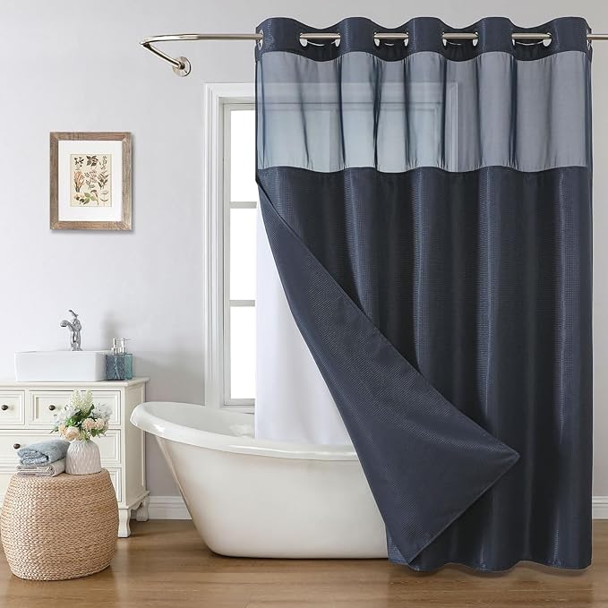 eachope Stall No Hook Shower Curtain with Snap-in Fabric Liner Set,Waffle Weave Shower Curtains for Bathroom,Hotel Luxury Decor Bathroom Curtain Set,Waterproof & Washable,Navy,54Wx80H