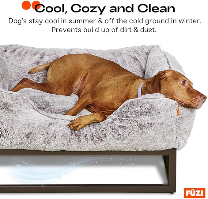 FUZI Elevated Dog Bed Medium, Luxury Raised Dog Beds, Removable and Machine Washable Bed Cover, Indoor/Outdoor Orthopedic Pet Bed, Medium 31.75x23.6x18 Dark Grey & Black Base
