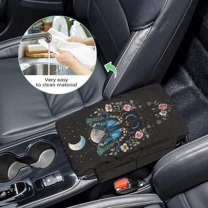 Wanyint Butterfly Flower Moon Black Car Center Console Cover Comfortable Armrest Box Mat Hand Rest Pillow for Car Seat Organizer Arm Rest Cushion Protective Cover Car Interior Decor