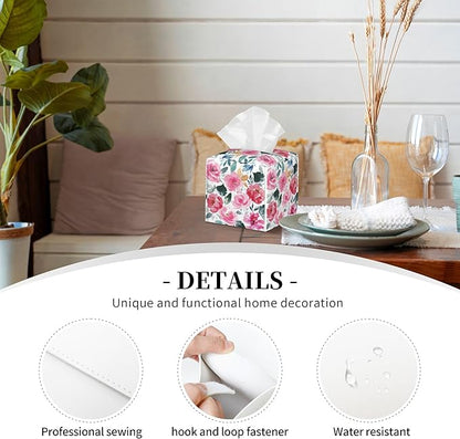 Pink Flowers and Green Leaves Tissue Box Cover Square,Abstract Watercolor Floral Tissue Box Holder Waterproof Leather Facial Paper Organizer Dispenser for Bathroom Home Car Nightstand Vanity Desk