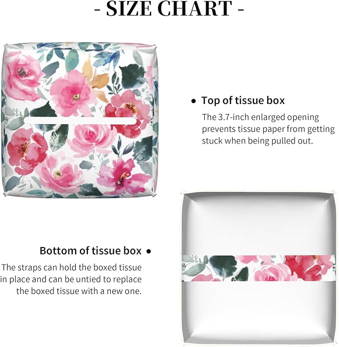 Pink Flowers and Green Leaves Tissue Box Cover Square,Abstract Watercolor Floral Tissue Box Holder Waterproof Leather Facial Paper Organizer Dispenser for Bathroom Home Car Nightstand Vanity Desk