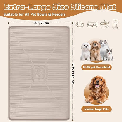 Lorvain Dog Food Mat, 45" x 30" Silicone Pet Feeding Mat with Raised Edges, Extra Large Pet Placemat for Dog Cat Food and Water Bowl Non-Slip, Easy to Clean, Waterproof & Floor Protection, Beige