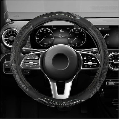 Carbon Fiber Steering Wheel Cover, Non-Slip Leather Steering Wheel Protector with 3D Honeycomb Design, Comfy Grip Breathable Sporty Auto Wheel Wrap for Most Cars Trucks SUVs (Black)