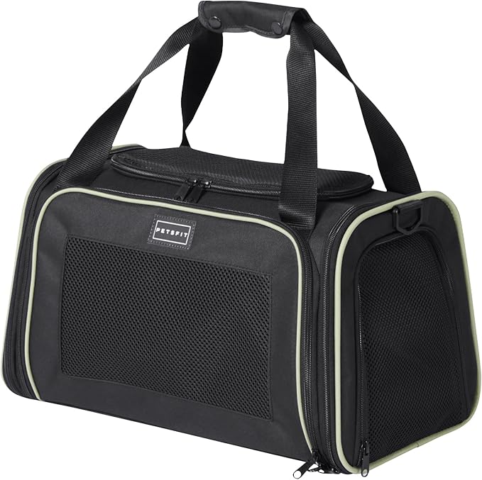PETSFIT Pet Carrier Airline Approved with Extendable Mat, Dog Carriers for Small Dogs, TSA Approved Pet Carrier, Puppy Carrier for Small and Medium Cats Under 12 Lbs, Black