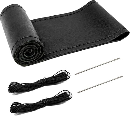 Direct PU Leather Steering Wheel Cover, 15 Inch Non-Slip Breathable/Soft and Comfortable Feeling, Genuine PU Leather Stitch On Wrap for Car Truck SUV - DIY Sewing with Needle Thread (Black)