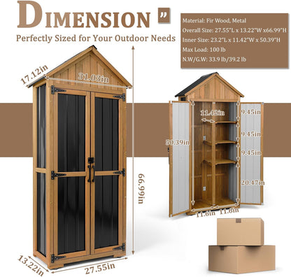 Outdoor Storage Cabinet Waterproof, Outdoor Storage Shed with Shelves, Wood & Metal Patio Backyard Garden Storage Cabinet Tool Organizer for Outside