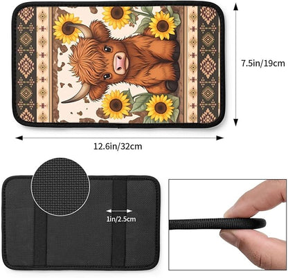 Universal Car Center Console Cushion Pad, Cute Highland Cow Sunflower Soft Waterproof Car Center Console Cover Auto Armrest Seat Box Cover Protector for Most Vehicle SUV Truck Car