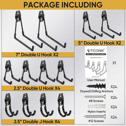 TICONN 12 Pack Heavy Duty Garage Hooks, Steel Utility Wall Storage Hooks, Wall Mount Hanger Organizer for Ladders, Bikes, Tools, Bulky Items (Set, Black)
