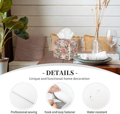 POIUBLE Leather Tissue Box Holder Watercolor Peony Flowers Tissue Box Cover Square Waterproof Tissue Holder Organizer Modern Napkin Holder for Bedroom Dresser Night Stand Office Desk