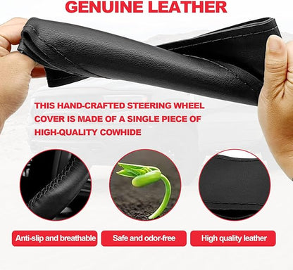 Direct PU Leather Steering Wheel Cover, 15 Inch Non-Slip Breathable/Soft and Comfortable Feeling, Genuine PU Leather Stitch On Wrap for Car Truck SUV - DIY Sewing with Needle Thread (Black)
