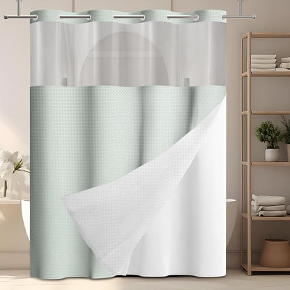 GICDSU No Hook Shower Curtain with Snap in Liner, Waffle Shower Curtain Set for Bathroom, Hotel Style with Semi-Sheer Top Window, Waterproof & Washable, Sage Green, 71" W x 80" L