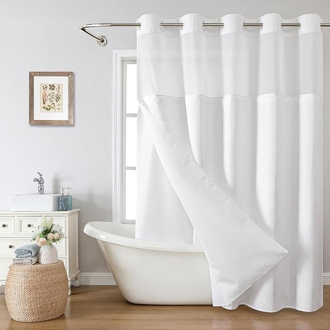 eachope White No Hook Shower Curtain with Snap-in Fabric Liner Set,Waffle Weave Shower Curtains for Bathroom,Hotel Luxury Decor Bathroom Curtain Set,Waterproof & Washable,71Wx77H