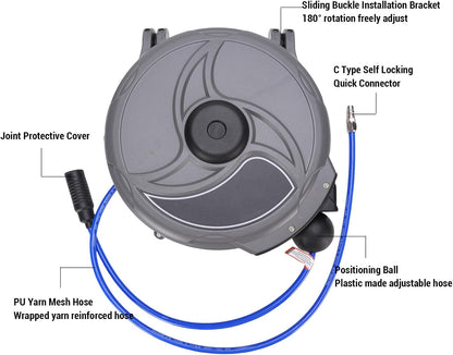 YWBL-WH Retractable Air Hose Reel Automatic Retractable Hose Reel 10m 33.1LB with Portable Handle for Workshop Garage Home Studio