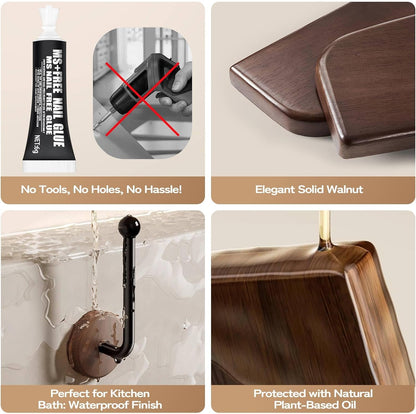 Adhesive Hat Holder Storage Organizer - Wall Mounted & Door Back Hat Rack with Wood Base & Metal Rod for Closet, Cabinet, Wardrobe (Black)