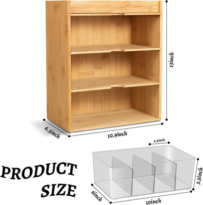 Tea Bag Organizer - Bamboo Tea Storage With Drawer 3 Layer, Organizer for Tea Bags Natural Wood & Acrylic for Countertop Office Kitchen Cabinet Pantry