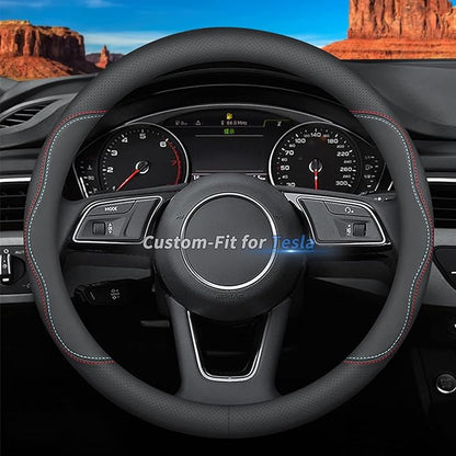 Custom-Fit for Tesla Steering Wheel Cover, Premium Leather Car Steering Wheel Cover with Logo, Non-Slip, Breathable, for Tesla Accessories (A-Style,for Tesla)
