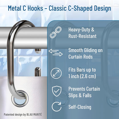 12 Metal Shower Curtain Hooks, Rust-Proof Decorative C-Shaped Curtain Hooks for Bathroom, Chrome Shower Curtain Rings, Fits Rods Up to 1 Inch (C, Silver)