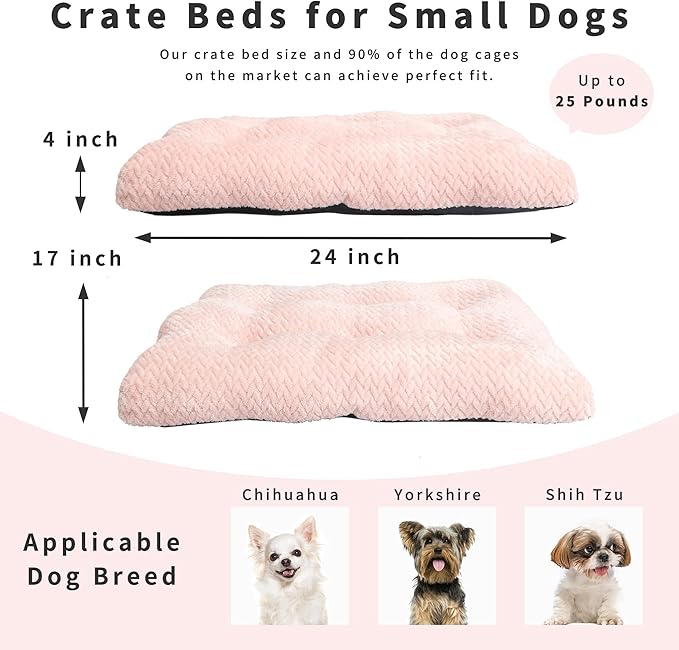 Washable Dog Crate Pad for Small Dogs, Anti-Slip Puppy Kennel Dog Bed for Crate,Flat Soft Fleece Pink Pet Mat 24" x 18"