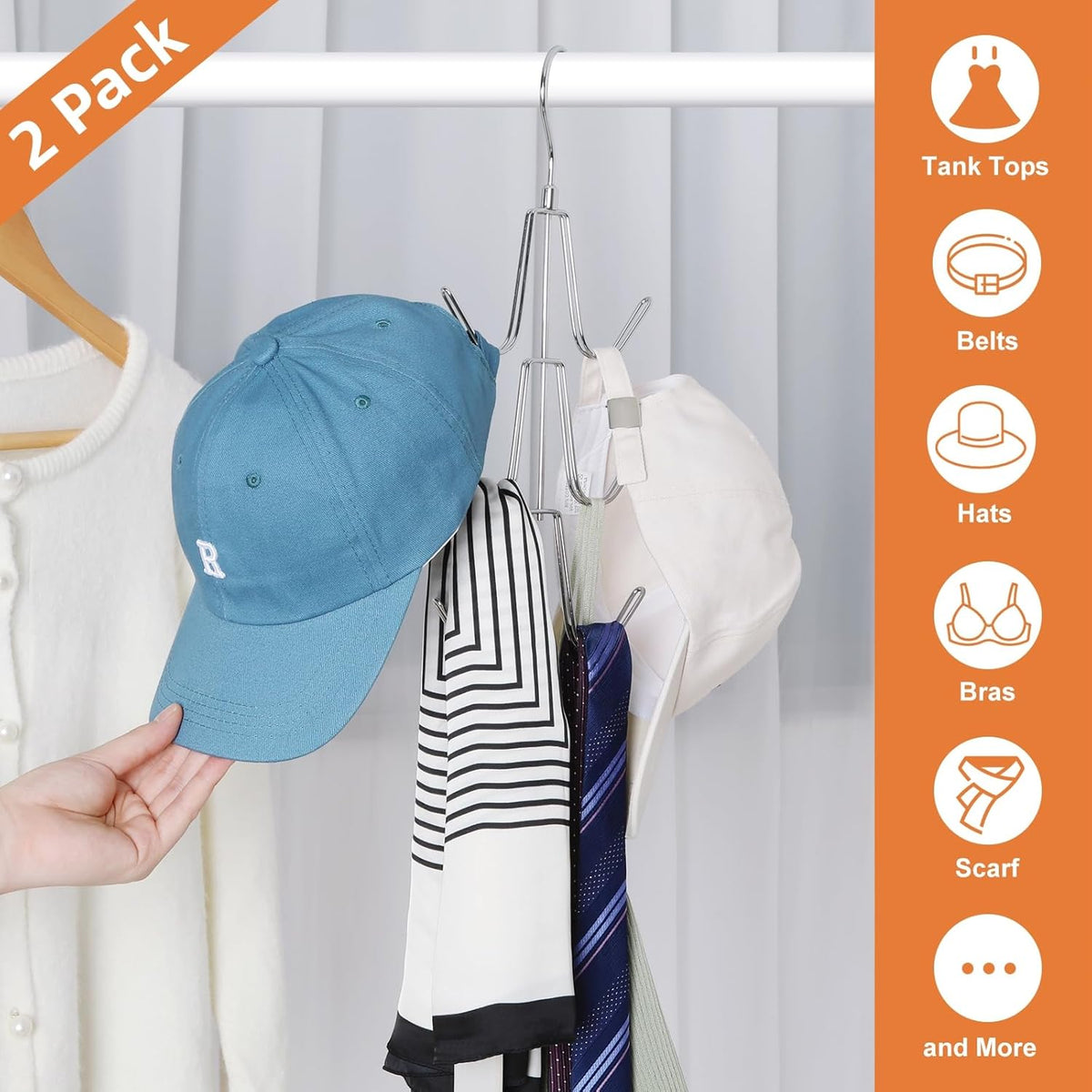 TOPIA HANGER Purse Hanger Organizer for Closet, 2-Pack Handbag Organizer Hanger, 360°Swivel Metal Purse Hooks, Bag Rack, Belt Organizer, Tie Rack, Scarf Hanger, Bag Storage Organizer, Silver