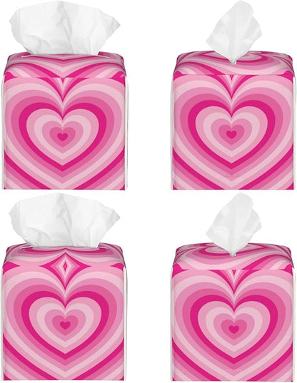 POIUBLE Tissue Box Holder Pink Heart Tissue Box Cover Square Leather Tissue Holder Organizer Portable Decorative Facial Paper Case for Home Office Bathroom Vanity Countertop