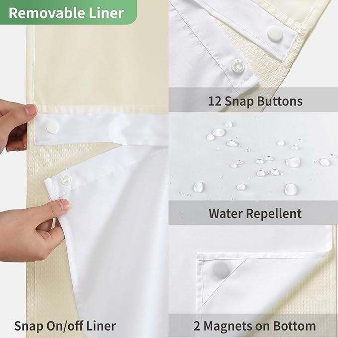 eachope Cream No Hook Shower Curtain with Snap-in Fabric Liner Set,Waffle Weave Shower Curtains for Bathroom,Hotel Luxury Decor Bathroom Curtain Set,Waterproof & Washable,71Wx74H
