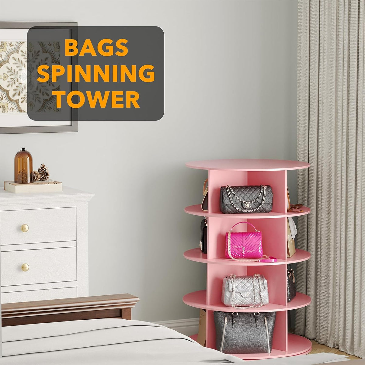 SpaceAid 4 Tier Rotating Shoe Rack Tower, Spinning Shoe Display Lazy Susan, Revolving 360 Shoe Rack Storage Round Carousel, Vertical Handbag Rotate Shoes Closet Organization (4-Tier Pink)