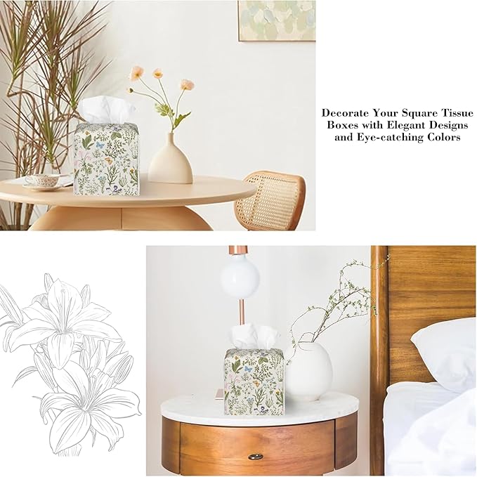 Vintage Floral Butterfly Tissue Box Cover,Colorful Herbs and Wild Flowers Waterproof Leather Square Tissue Box Cover Case Facial Paper Organizer Dispenser Box Holder for Home Office Bathroom Vanity