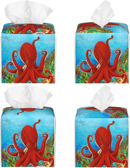 POIUBLE Tissue Box Holder Cartoon Octopus Tissue Box Cover Square Leather Tissue Holder Organizer Portable Decorative Facial Paper Case for Home Office Bathroom Vanity Countertop