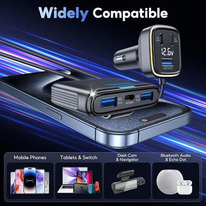 FARSENSE 115W 6-Port USB C Car Charger with PD Fast Charging & LED Display - Universal for iPhone, Samsung, iPad, Laptop