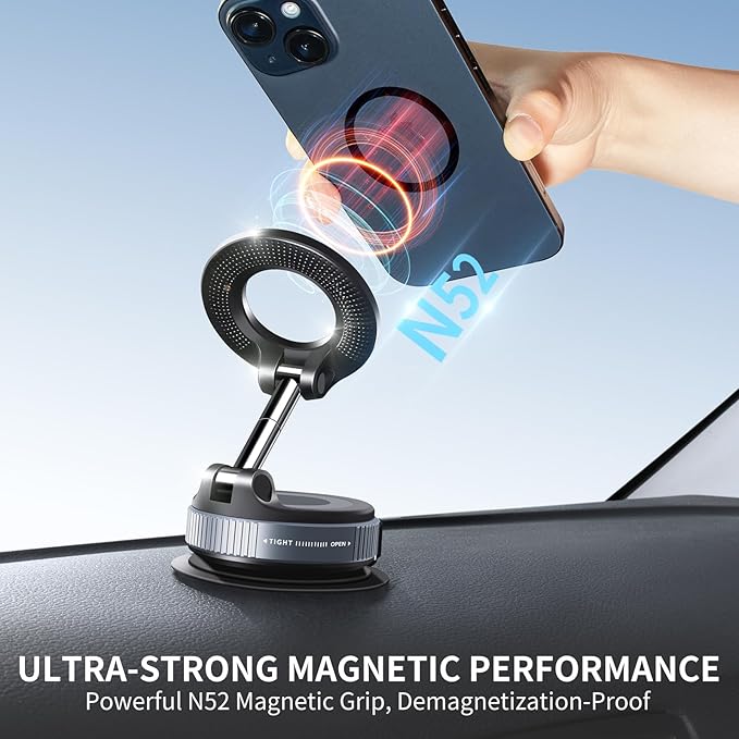 Vacuum Suction Magnetic Phone Holder, 2025 Upgraded Foldable Retractable Suction Cup Car Phone Mount for Magsafe, 360° Adjustable Magnetic Phone Stand for Cars/Gyms/Mirrors/Smooth Surface